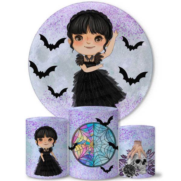 Trio Capas Cilindros + Painel Tema Wandinha Cute Lilás Veste Fácil