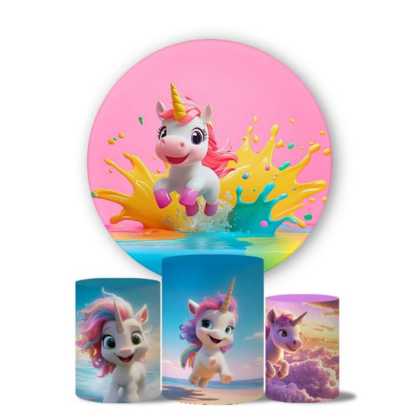 Kit Painel Cilindro Tema Unicornio 3d