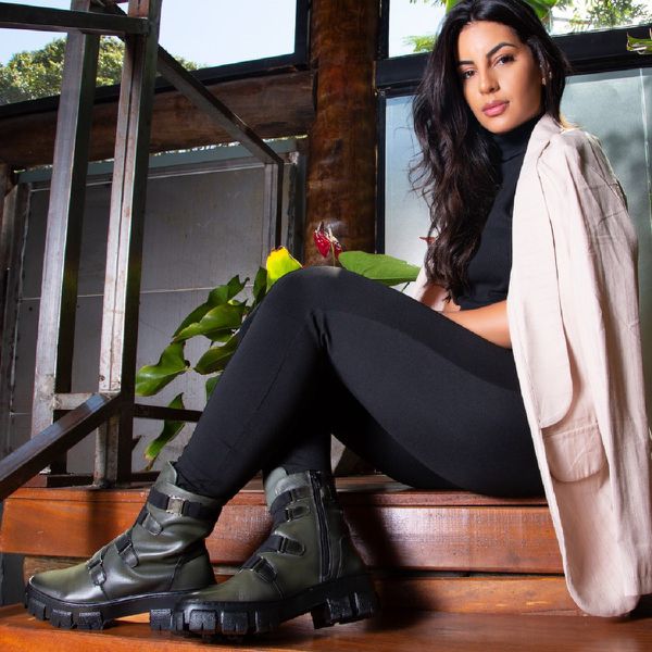 Bota Coturno Casual Feminina Dorf Couro Verde Militar