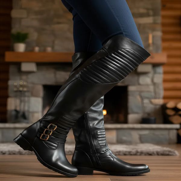 Bota Feminina Cano Alto Dorf Montaria Ajustavel Couro Preto