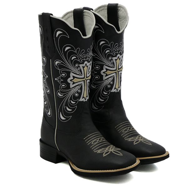 Bota Feminina Texana Country Preta Bordado Cruz