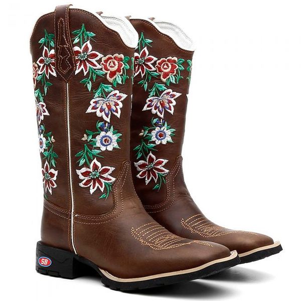 Bota Texana Feminina Contry Bordado Flores Silvestres