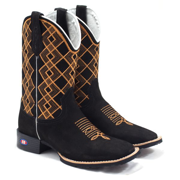 Bota Texana Cano Preto Bordado Geométrico
