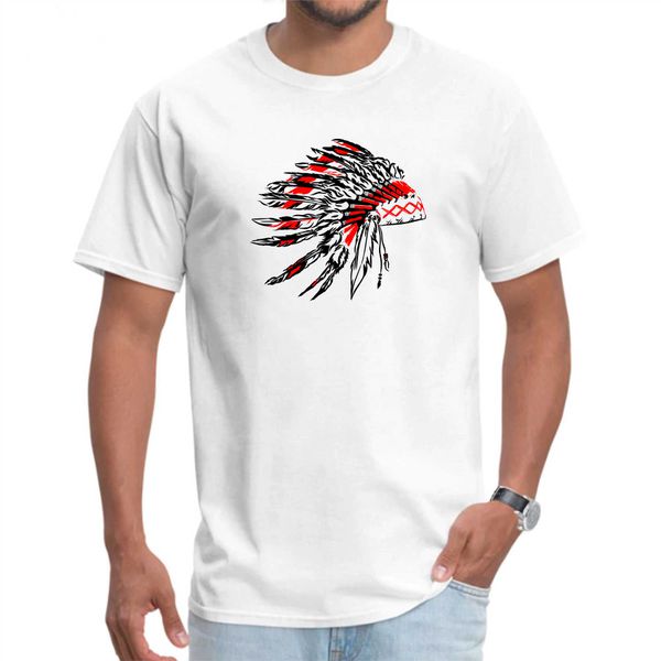 Camisa de Algodão Lisa Branca - Estampa Cocar Índio Vermelho
