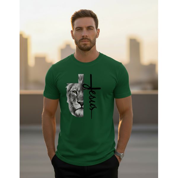 Camiseta Jesus + Leão Algodão Verde Bandeira