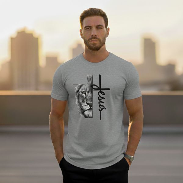 Camiseta Jesus + Leão Algodão Cinza