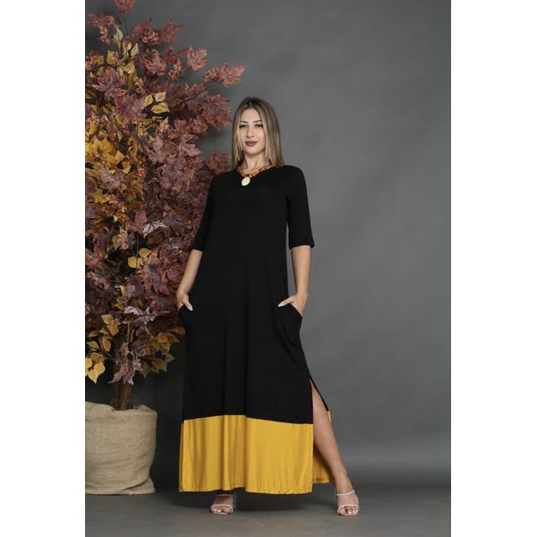 Vestido Longo Com Barra Bicolor Preto Amarelo
