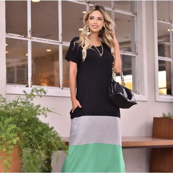 Vestido Longo Tricolor Preto Cinza Verde