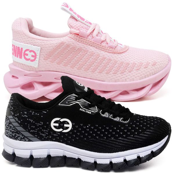 Kit 2 Tênis Infantil Evoltenn Trança e Impacto Rosa e Preto