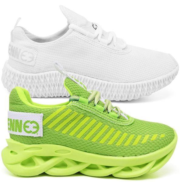 Kit 2 Tênis Infantil Esportivo Modelos Diferentes Verde e Branco