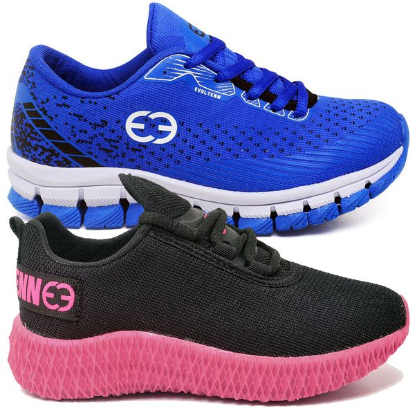 Kit 2 Tênis Infantil Evoltenn Confortável Modelos Diferentes Azul e Preto Rosa