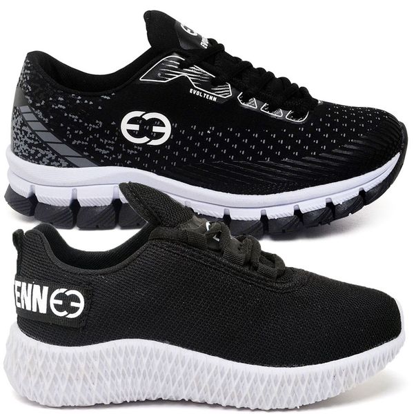 Kit 2 Tênis Infantil Evoltenn Confortável Modelos Diferentes Preto e Preto Branco