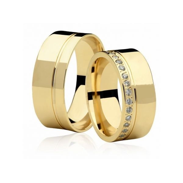 Par De Aliança Casamento De Ouro 18k Quadrada Anatômica 7mm e Diamantes