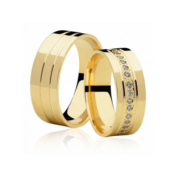 Par De Aliança Casamento De Ouro 18k Quadrada Solest De 7,0mm Com Diamante