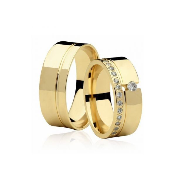 Par De Aliança Casamento De Ouro 18k Atena Quadrada De 7,0 mm Com Diamante