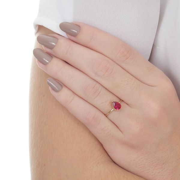 Anel de Ouro 18k Solitário Zircônia Gota Rubi 