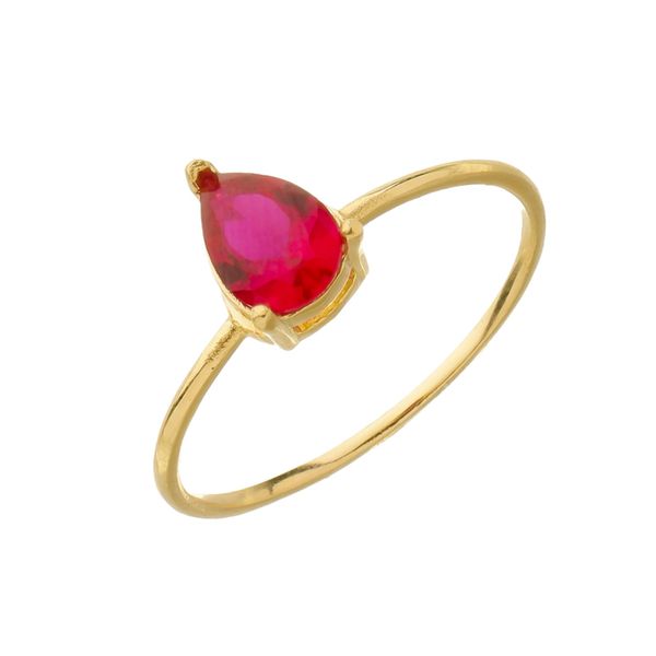 Anel de Ouro 18k Solitário Zircônia Gota Rubi 