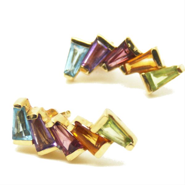 Brinco De Ouro 18k Meia Lua De Carre Com Pedras Brasileiras