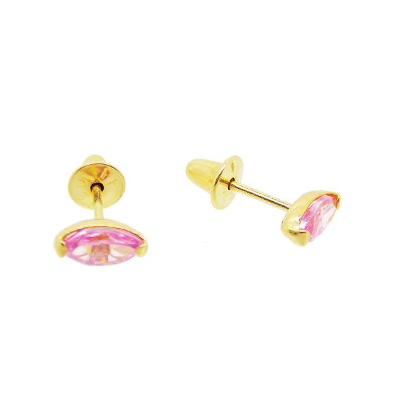 Brinco De Ouro 18k Zircônia Navete Rosa De 5mm