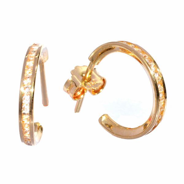 Brinco Em Ouro 18k Meia Argola Com Zircônias