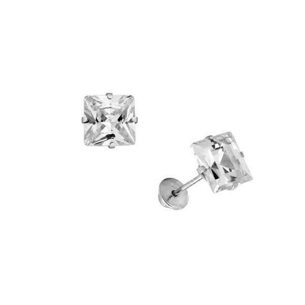 Brinco De Ouro Branco 18k Com Pedra De Zircônia Carrê De 4mm