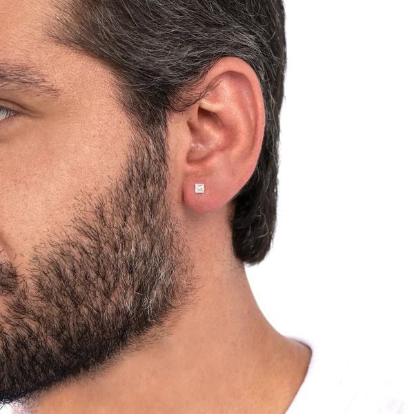 Brinco Masculino Individual De Ouro Branco 18k Com Pedra De Zircônia Carrê De 4mm