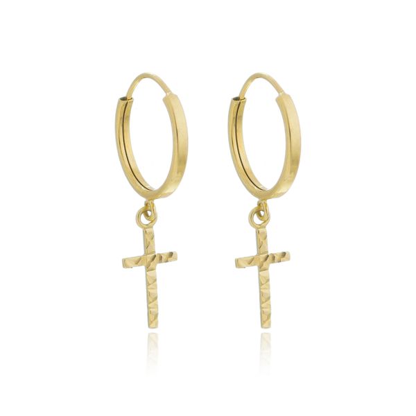 Brinco De Ouro 18k Argola Com Pingente Cruz