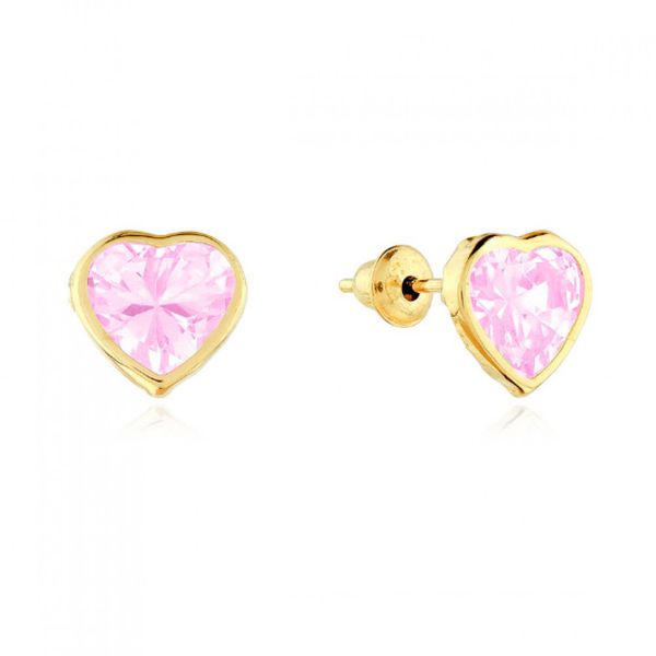 Brinco De Ouro 18k Coração de Zircônia Rosa 5,0mm