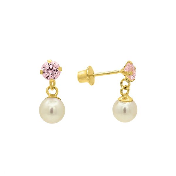 Brinco De Ouro 18k Pérola Com Pedra De Zircônia Rosa De 3mm 