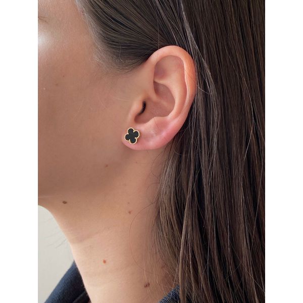 Brinco De Ouro 18k Trevo Pedra Ônix