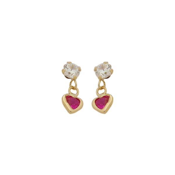 Brinco De Ouro 18k Com Pedras De Zircônias Coração Rubi 3mm 