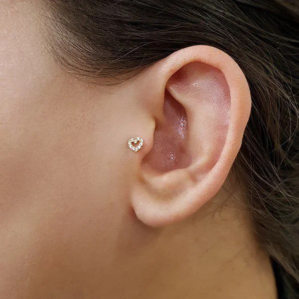 Piercing De Orelha Ou Tragus De Ouro 18k Bolinha e Coração de zircônias