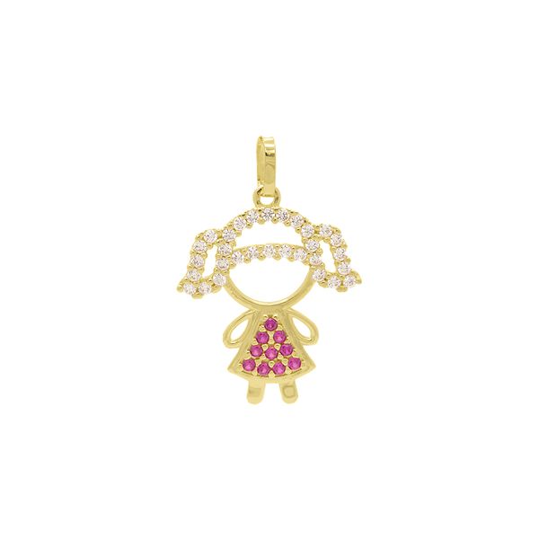 Pingente De Ouro 18k Menina Vestido Zircônias Rosa