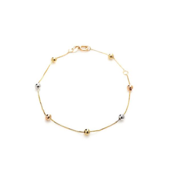 Pulseira De Ouro 18k Veneziana e Bolinhas Tricolor De 3mm Com 19cm