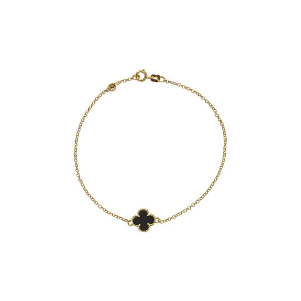 Pulseira De Ouro 18k Elo Português Com Trevo Pedra Ônix 