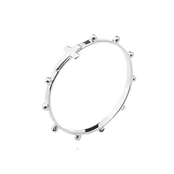 Anel De Ouro Branco 18k Terço e Cruz Com 1,5mm