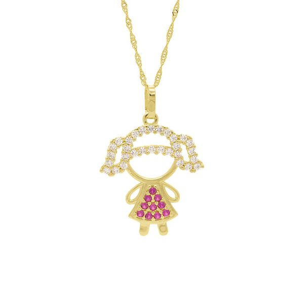 Pingente De Ouro 18k Menina Vestido Zircônias Rosa