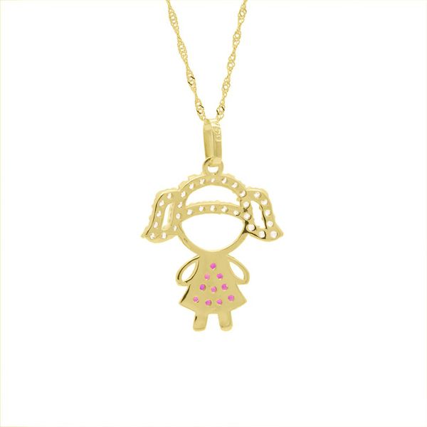 Pingente De Ouro 18k Menina Vestido Zircônias Rosa