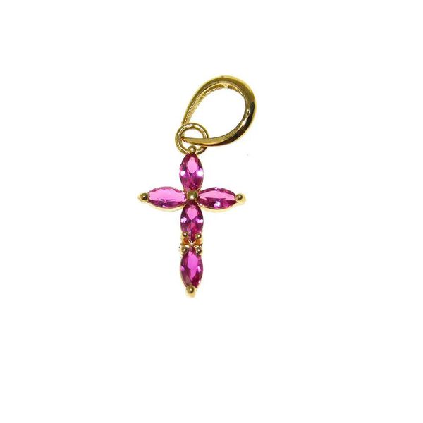 Pingente De Ouro 18k Cruz Com Zircônias Rosas