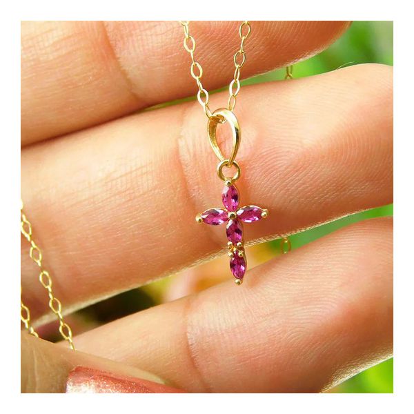 Pingente De Ouro 18k Cruz Com Zircônias Rosas