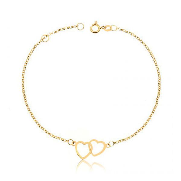 Pulseira De Ouro 18k Elo Português Dois Corações Com 18cm