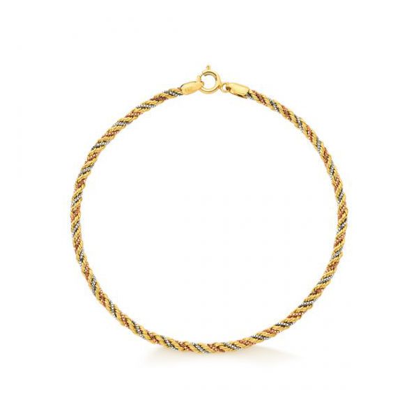 Pulseira De Ouro 18k Corda Tricolor De 2,1mm Com 19cm