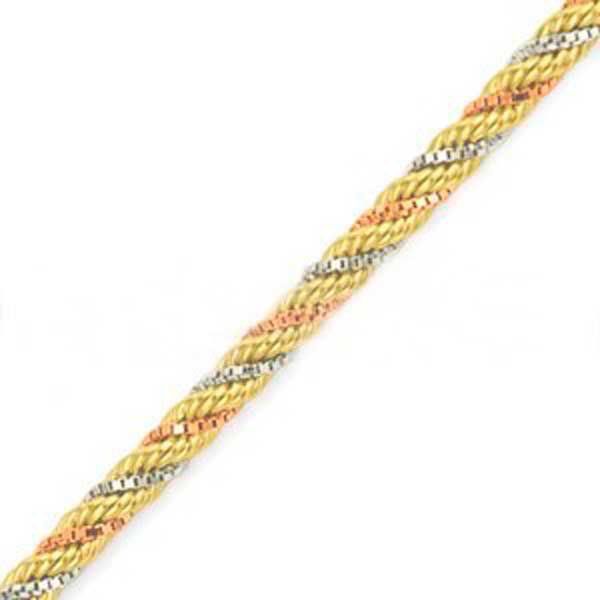 Pulseira De Ouro 18k Corda Tricolor De 2,1mm Com 19cm