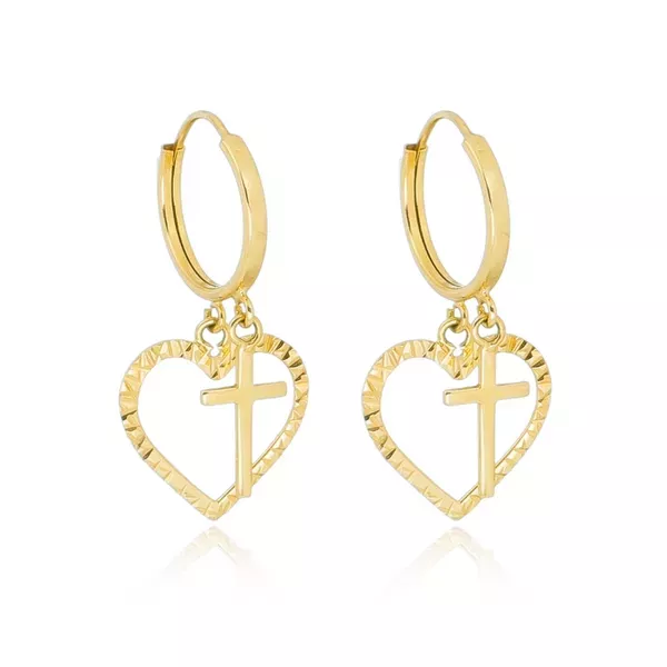 Brinco De Ouro 18k Argola Com Pingente Coração e Cruz