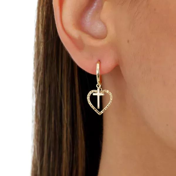 Brinco De Ouro 18k Argola Com Pingente Coração e Cruz