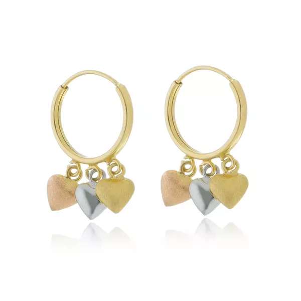 Brinco De Ouro 18k Argola Com Pingentes Corações Tricolor