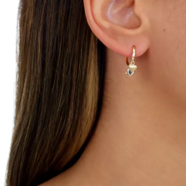 Brinco De Ouro 18k Argola Com Pingentes Corações Tricolor