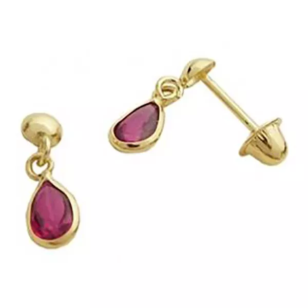 Brinco De Ouro 18k Bolinha Com Gota De Zircônia Rubi