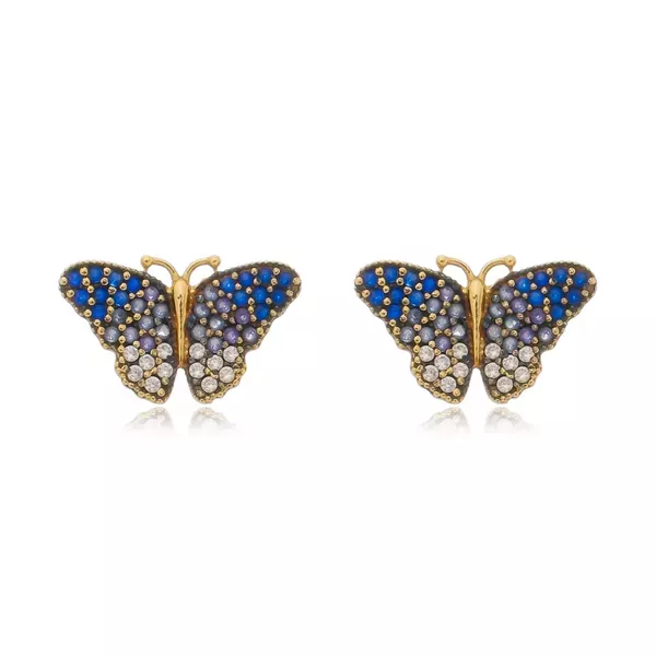 Brinco De Ouro 18k Borboleta Azul
