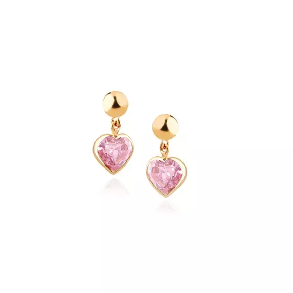 Brinco De Ouro 18k Com Pedra De Zircônia Rosa Coração 4mm